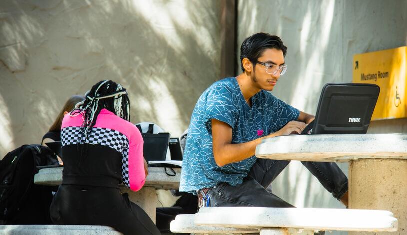 Photo of a student sitting at a table using laptop