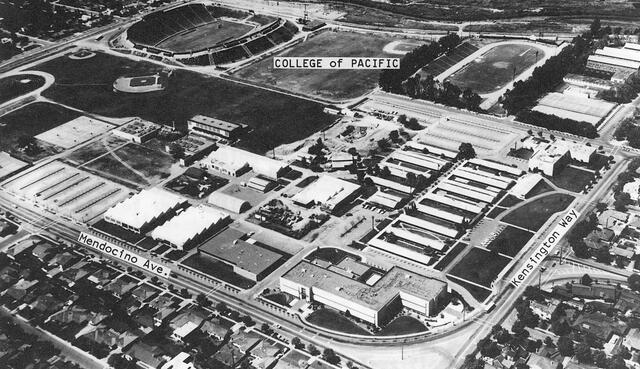 Black and white photo of College of the Pacific in the 1960s showing a birds eye view of the buildings