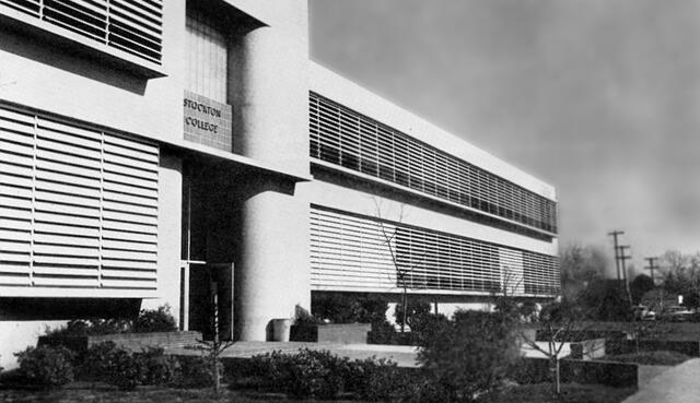 Black and white photo of Stockton College building