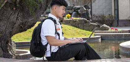 Photo of a student sitting by koi pond using laptop