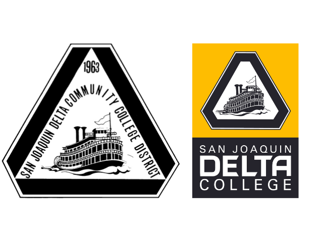 The first iteration of Delta's trianglular steamboat logo, at left; what the logo looks like today, at right